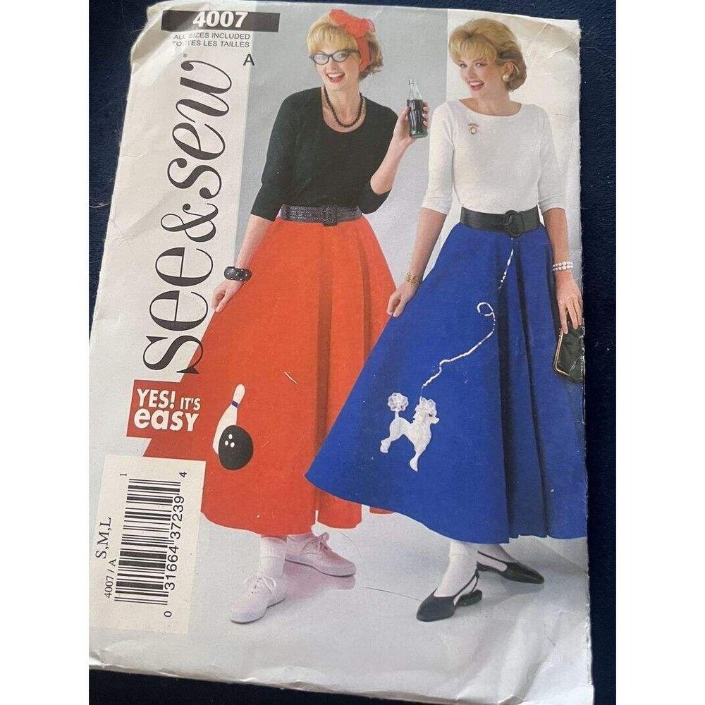 Butterick See & Sew 4007 Retro Skirt Petticoat Poodle Appliques Sz S M L Costume